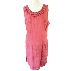 Lungo L'Arno Pink 100% Linen Dress Womens Large Sleeveless Italy Pockets Rosette
